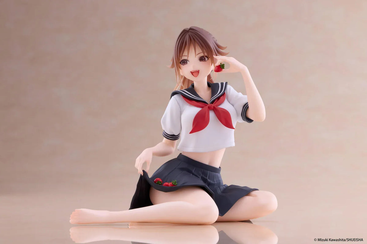 Desktop Cute Satsuki Kitaoji School Uniform Ver. figure seated with a brown ponytail, white and navy sailor uniform, and a strawberry held beside her smiling face.