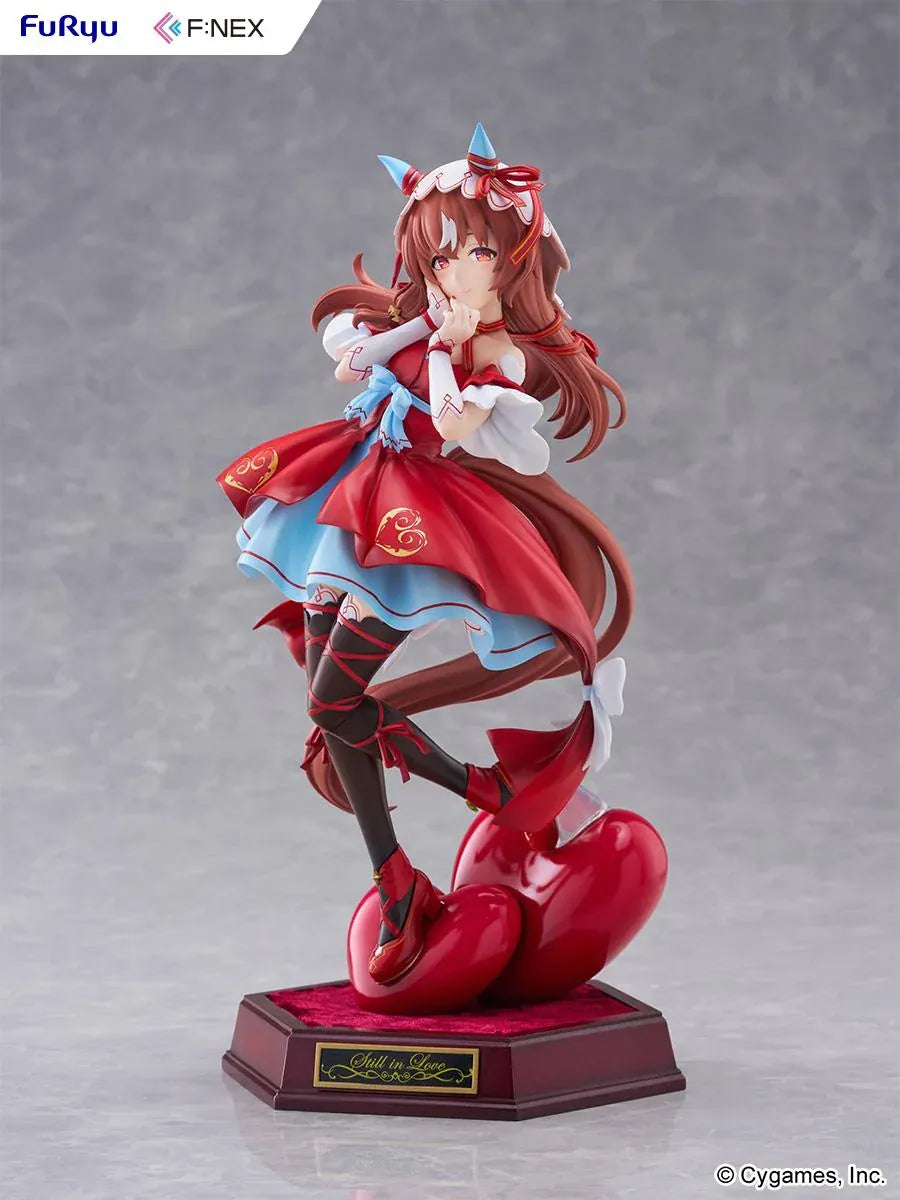 Umamusume Pretty Derby Still in Love 1/7 scale figure in a red and blue performance outfit on a heart-shaped display base