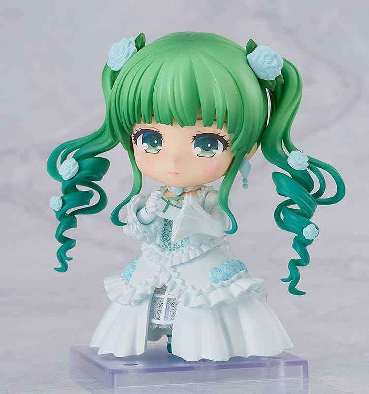 Vocaloid Nendoroid No.2974 Hatsune Miku Cantarella Ver. wearing white elegant dress with teal twin-tails and rose accessories.