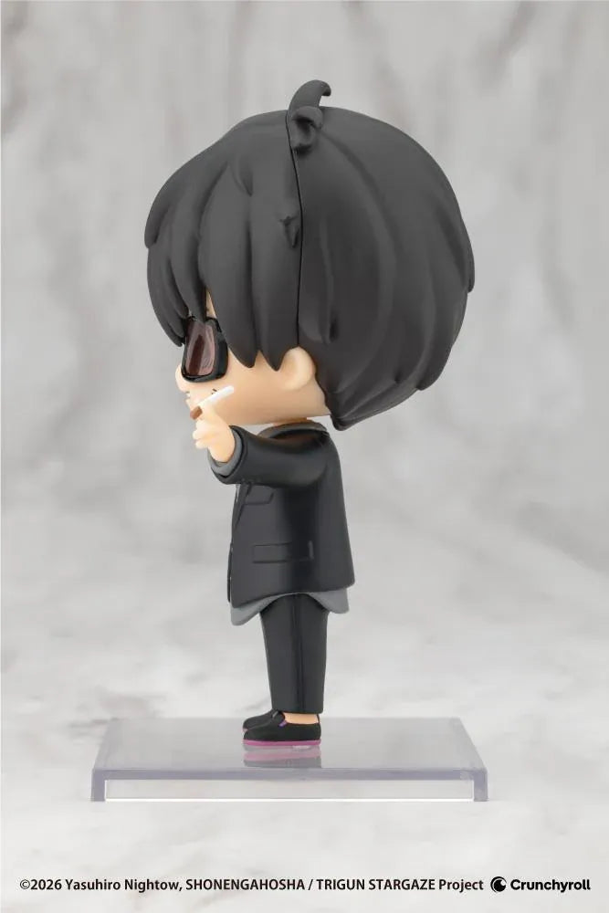 TRIGUN STARGAZE Oshi Works Mini Nicholas D. Wolfwood figure with black hair, tinted glasses, black suit, and raised hand holding a cigarette.