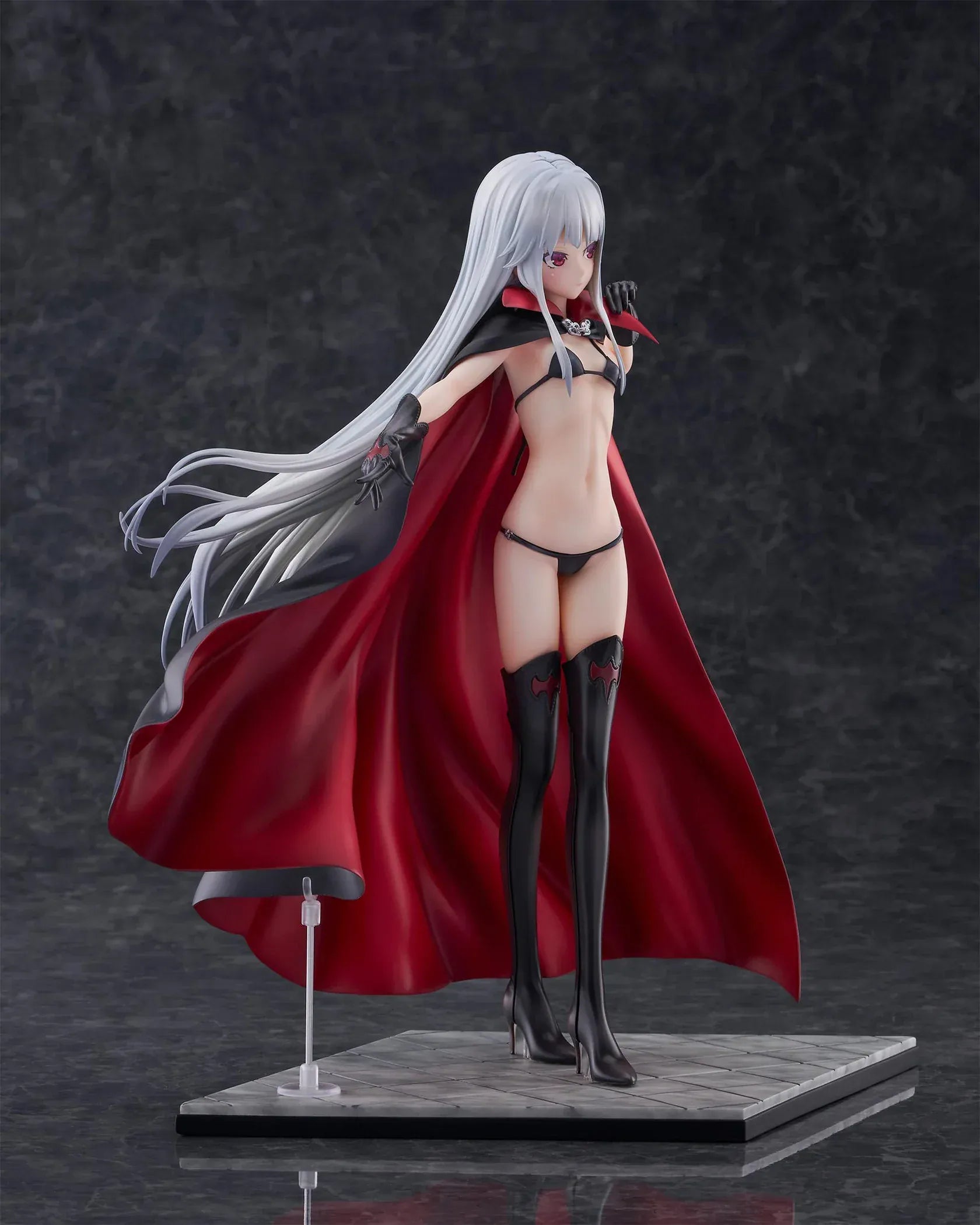 Kirie Kagarino 1/6 scale figure from Bishoujo Mangekyou featuring flowing red cape, black outfit, and silver hair on display base