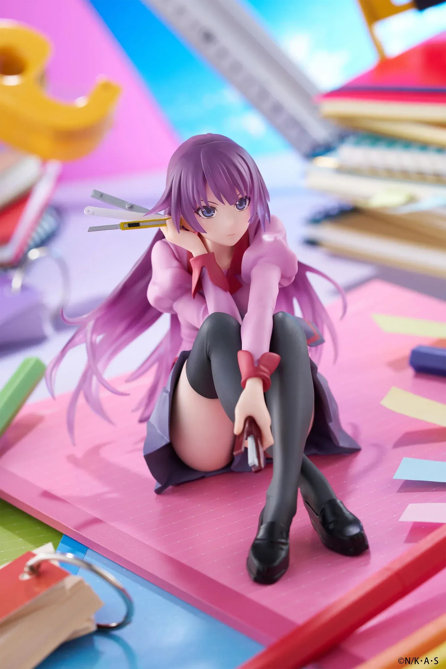 Hitagi Senjougahara Desktop Cute reissue figure from Monogatari Series sitting with stationery accessories