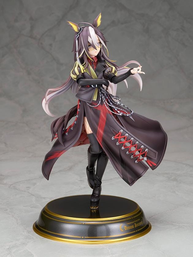 UmaMusume Dream Journey 1/7 scale figure with flowing hair, glasses, and a dark coat with red lacing, standing on a black and gold named pedestal.