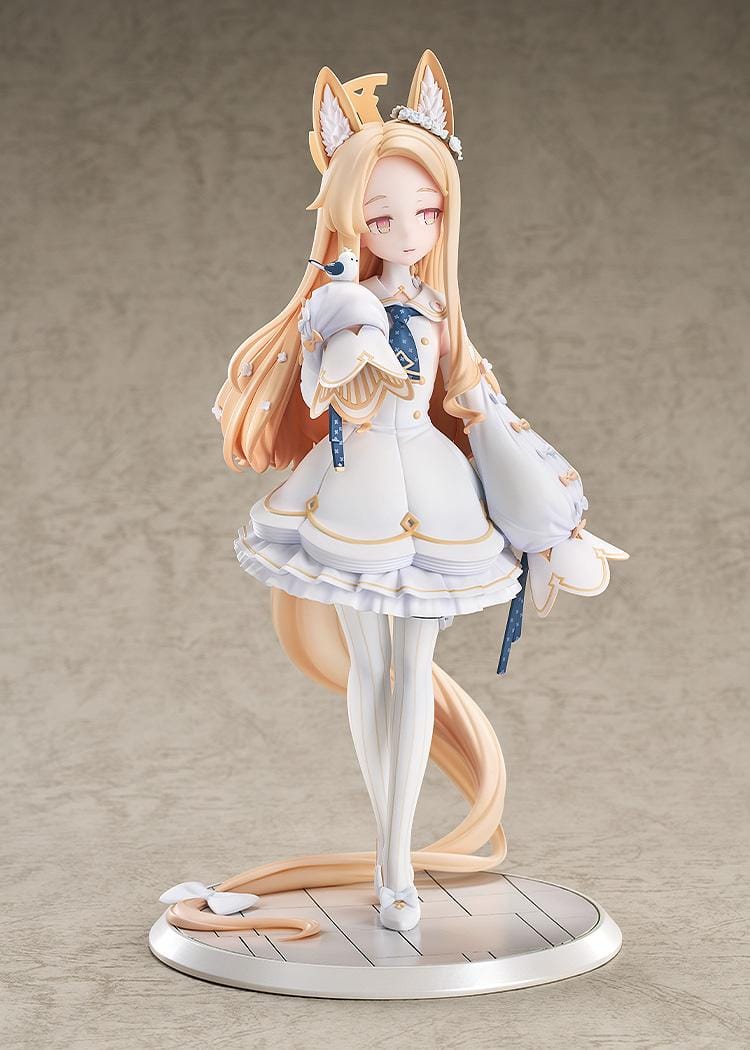 Blue Archive Seia 1/7 Scale Figure with long blonde hair, fox-like ears, white-and-gold outfit, halo, bird companion, and display base