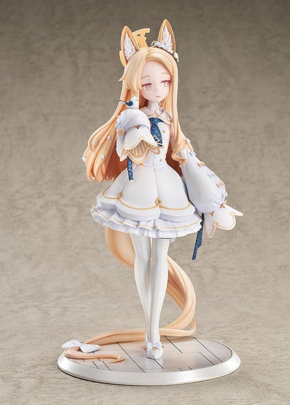 Blue Archive Seia 1/7 Scale Figure with long blonde hair, fox-like ears, white-and-gold outfit, halo, bird companion, and display base