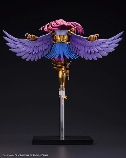 Harpie Lady figure posed in flight with outstretched purple wings, red hair, and gold Cyber Shield armor above a black display base.