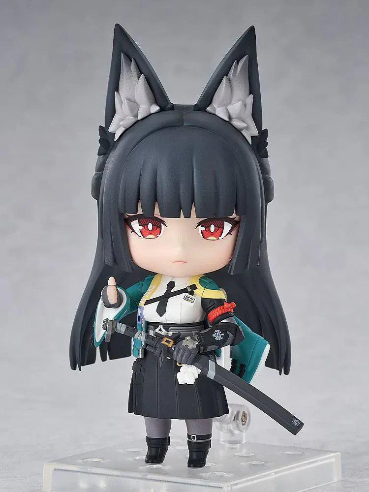 Nendoroid Miyabi Hoshimi with fox ears, black hair, katana, and blue spirit effect part.