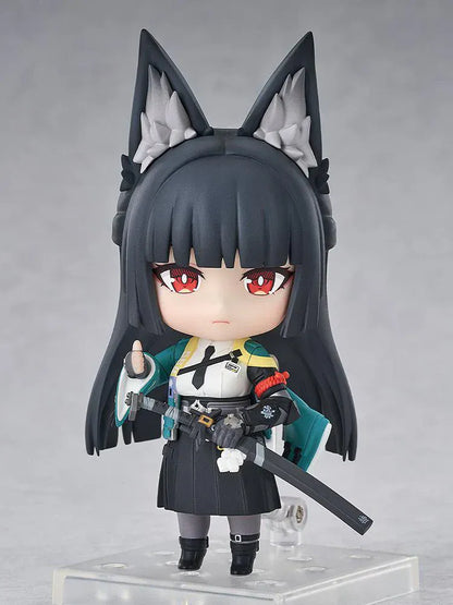 Nendoroid Miyabi Hoshimi with fox ears, black hair, katana, and blue spirit effect part.