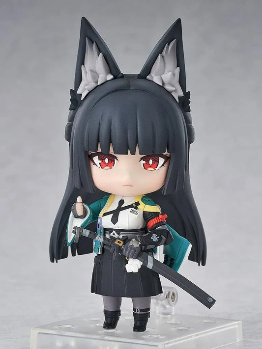 Nendoroid Miyabi Hoshimi with fox ears, black hair, katana, and blue spirit effect part.
