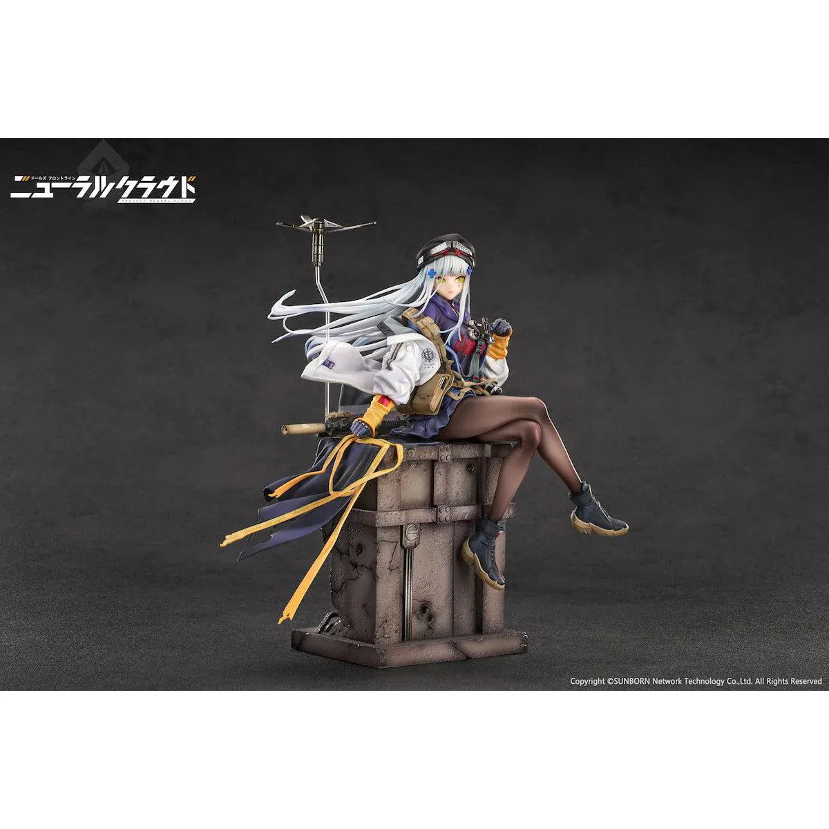 Girls' Frontline Neural Cloud Klukai 1/7 Scale Figure with long silver hair, military-inspired outfit, weapon accessories, seated pose, crate-style base, and bonus item
