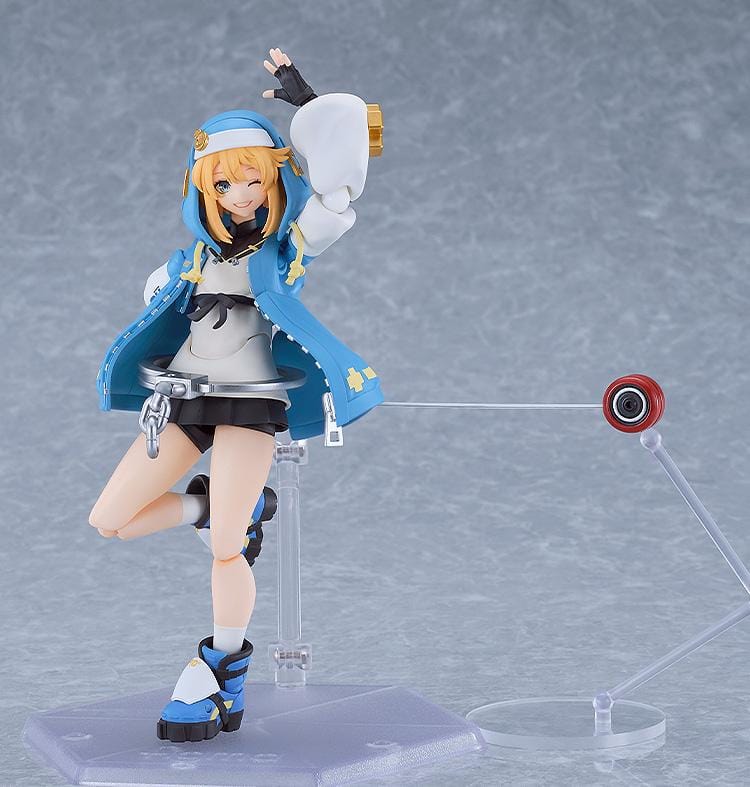 GUILTY GEAR STRIVE figma Bridget Figure featuring Bridget in a blue hoodie outfit with yo-yo accessory, oversized handcuff detail, and teddy bear companion.