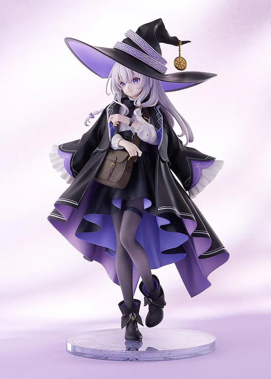 Wandering Witch The Journey of Elaina Elaina 1/7 Scale Figure with silver hair, black and purple witch outfit, wide hat, cloak, and travel bag