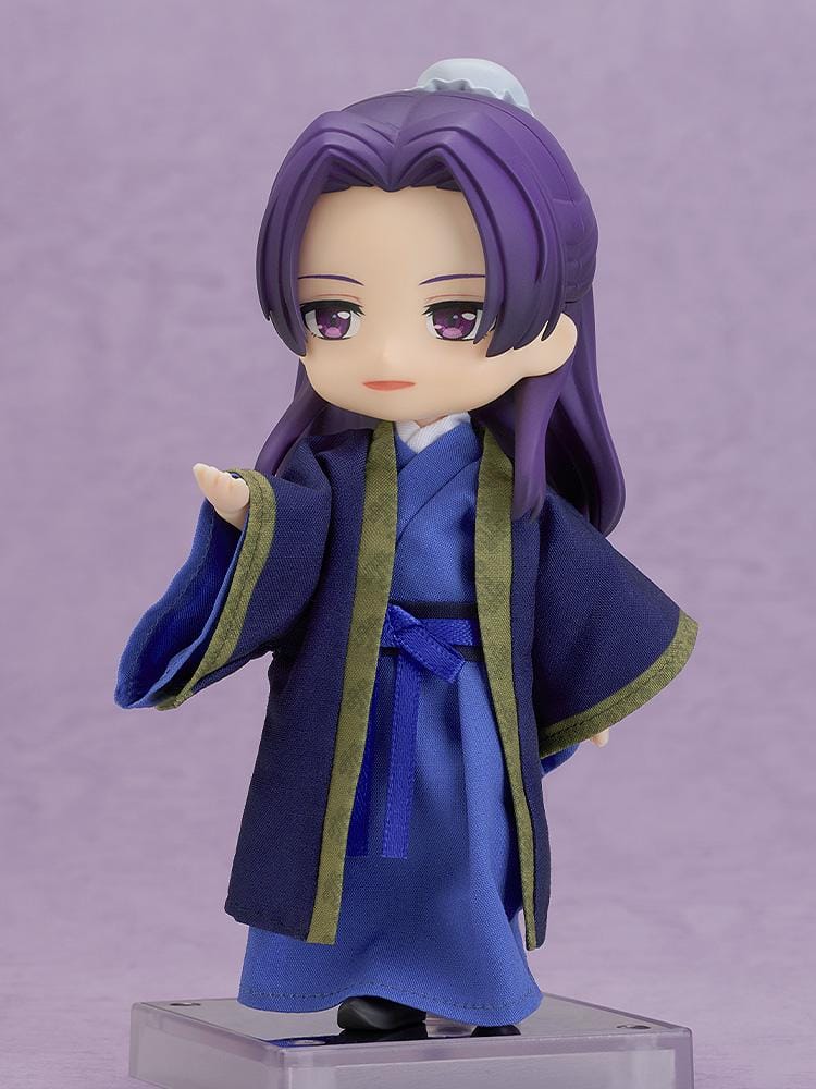 The Apothecary Diaries Nendoroid Doll Jinshi wearing traditional blue and purple fabric robes