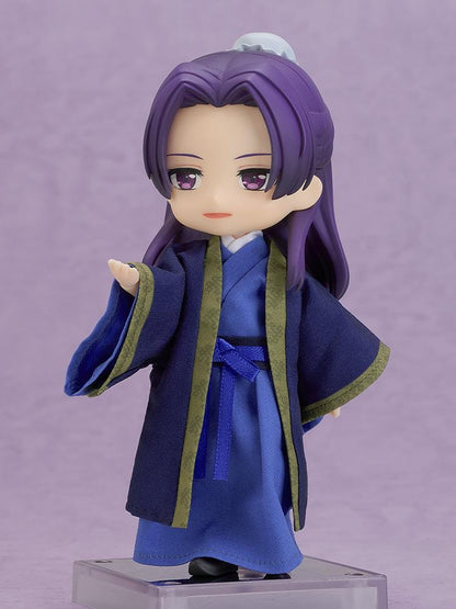 The Apothecary Diaries Nendoroid Doll Jinshi wearing traditional blue and purple fabric robes