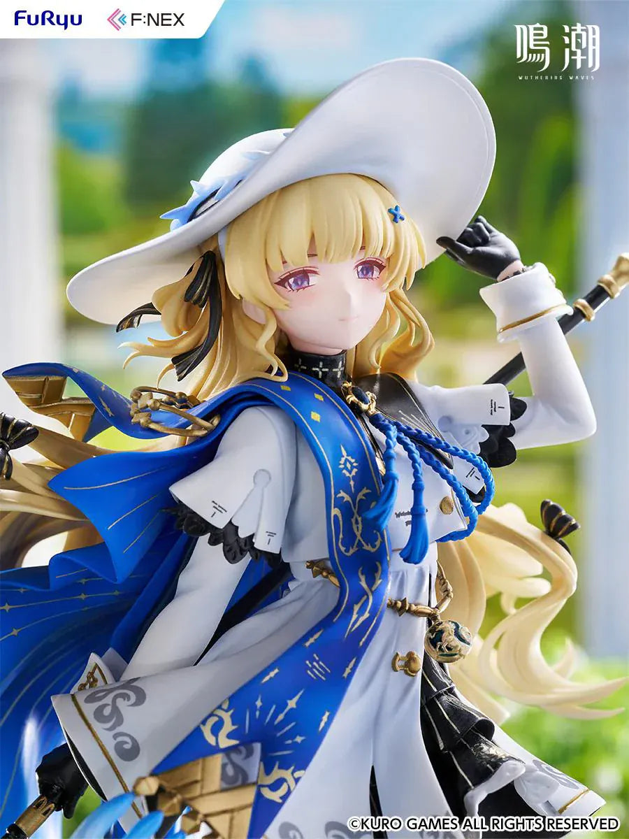 Wuthering Waves Phoebe 1/7 scale figure by FuRyu F:NEX featuring blue and white outfit with staff on floral garden base