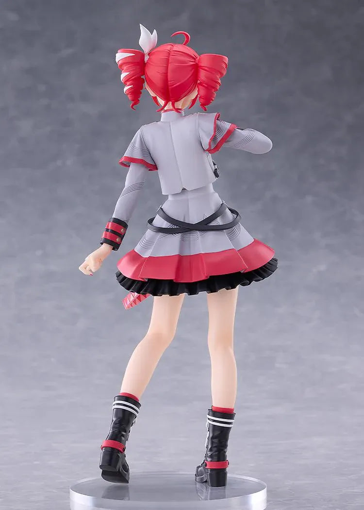 Kasane Teto Synthesizer V AI figure with red drill curls, a gray and red outfit, layered skirt, and black lace-up boots, posed with one hand across her chest.