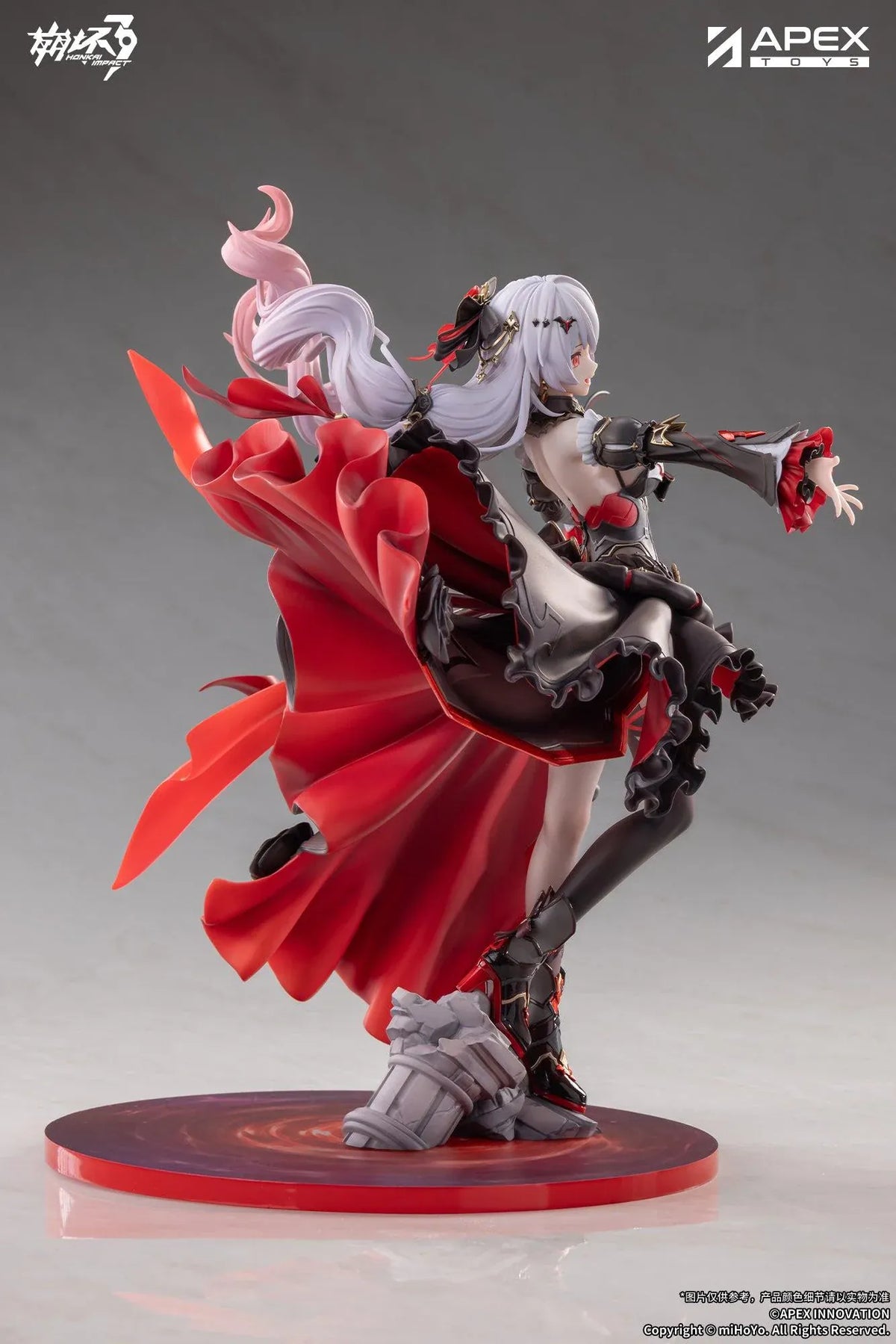 Honkai Impact 3rd Lunar Vow Crimson Love 1/7 scale figure with pale lavender hair, a black-and-red outfit, a small bat, and broken stonework.