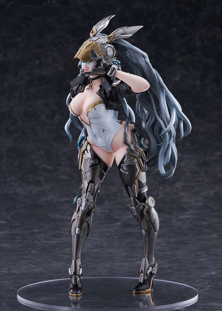 The First Descendant Ultimate Bunny 1/7 Scale Figure with futuristic armor, masked headpiece, long hair, and black silver gold battle suit