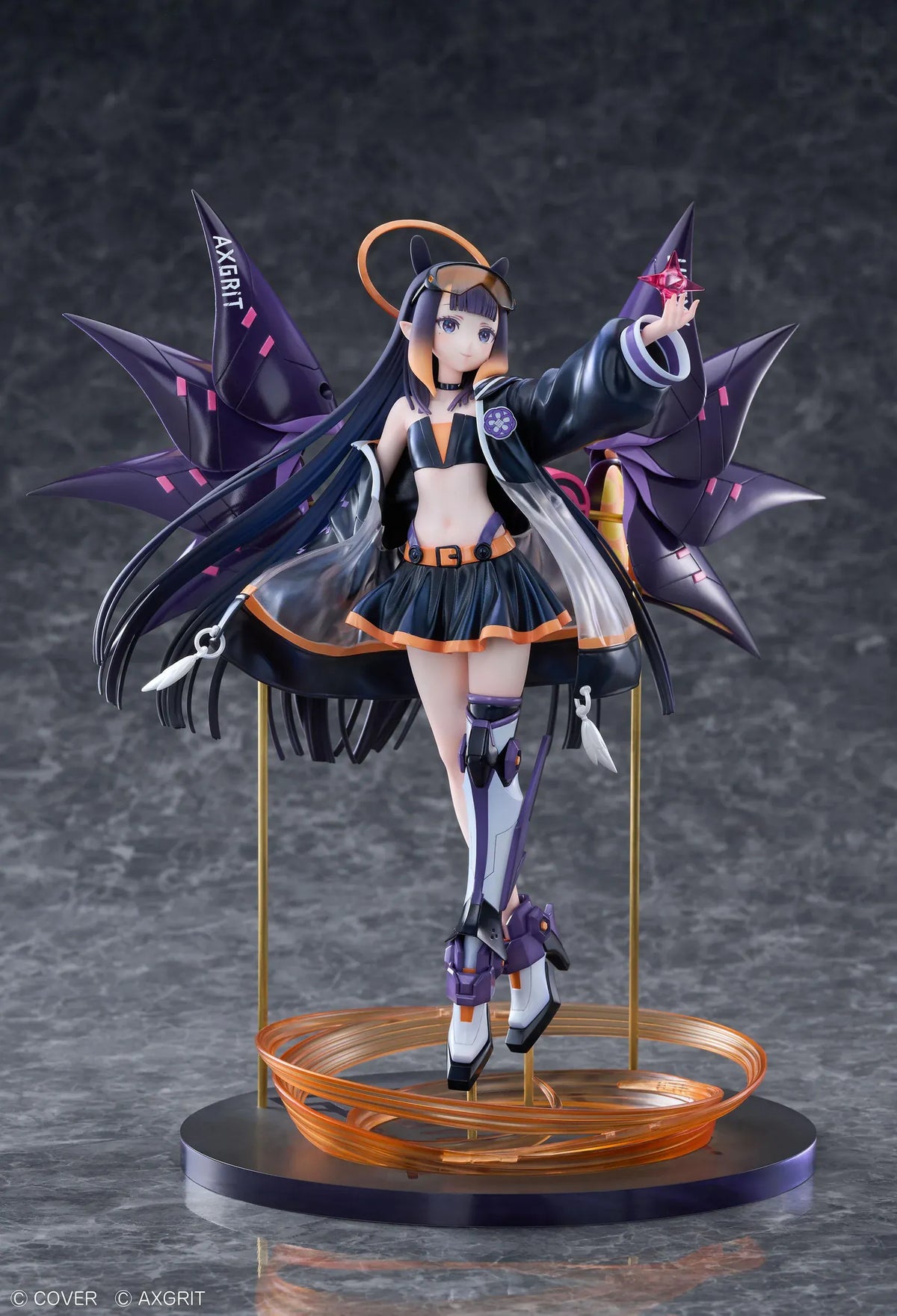 Ninomae Ina’nis AXGRIT Ver. figure with flowing dark hair, an oversized jacket, armored boots, purple mechanical elements, and orange rings above a circular base.