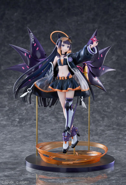Ninomae Ina’nis AXGRIT Ver. figure with flowing dark hair, an oversized jacket, armored boots, purple mechanical elements, and orange rings above a circular base.