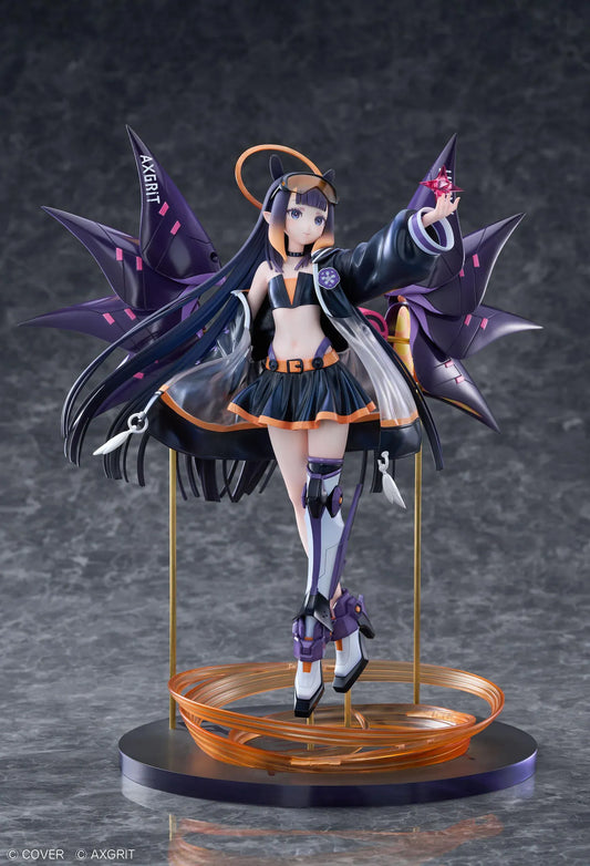 Ninomae Ina’nis AXGRIT Ver. figure with flowing dark hair, an oversized jacket, armored boots, purple mechanical elements, and orange rings above a circular base.