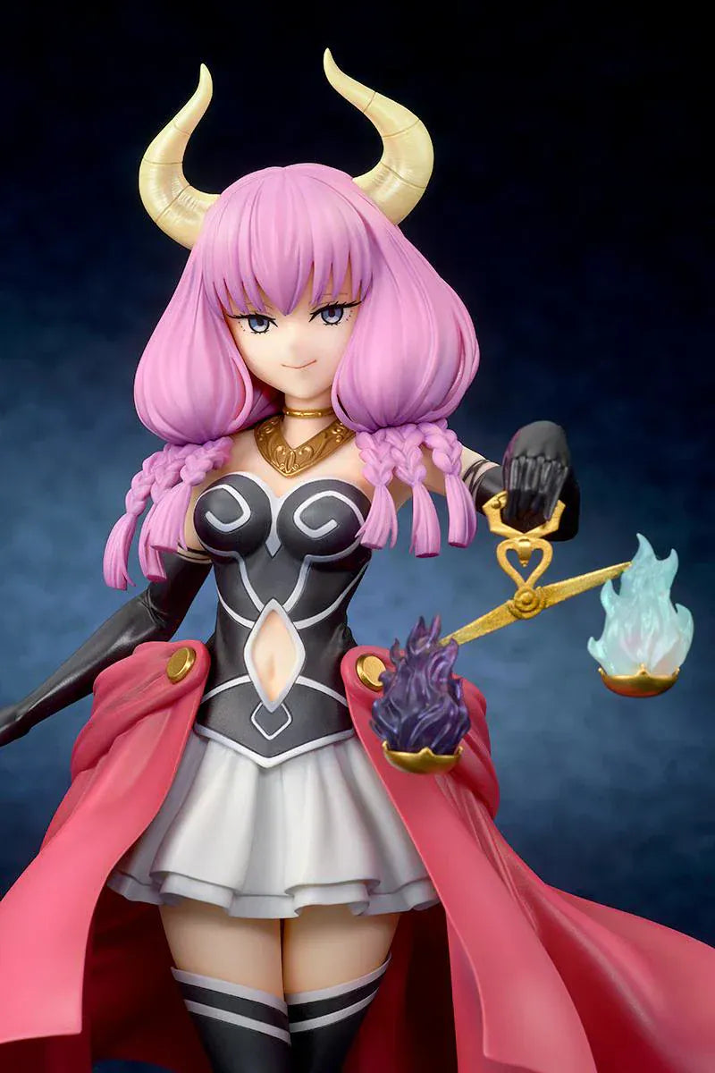 Frieren Beyond Journey’s End Aura the Guillotine 1/7 scale figure with pink hair, horns, flowing red cape, and scales accessory