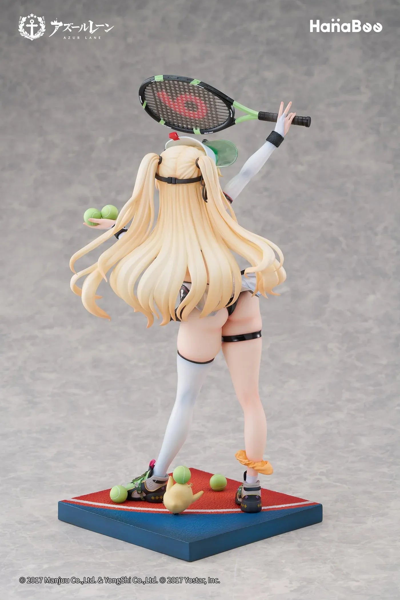 Azur Lane Bache Showy Sports Star Deluxe Ver. 1/6 Scale Figure featuring Bache in a tennis-inspired outfit with racket, tennis balls, display base, bonus artwork, and character can badge.
