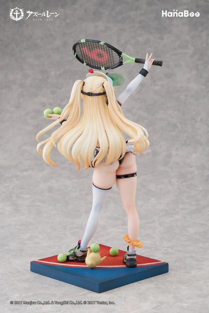 Azur Lane Bache Showy Sports Star Deluxe Ver. 1/6 Scale Figure featuring Bache in a tennis-inspired outfit with racket, tennis balls, display base, bonus artwork, and character can badge.