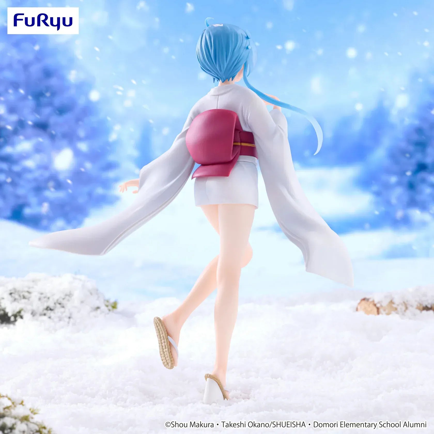 Anime figure of Yukime from Hell Teacher: Jigoku Sensei Nube walking across a snowy base in a flowing white yukata with long blue hair and a red obi.
