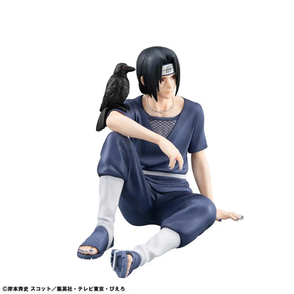 Naruto Shippuden G.E.M. Series Itachi Uchiha Tenohira figure featuring Itachi seated with Sharingan eyes, Leaf Village headband, shinobi outfit, and crow detail.