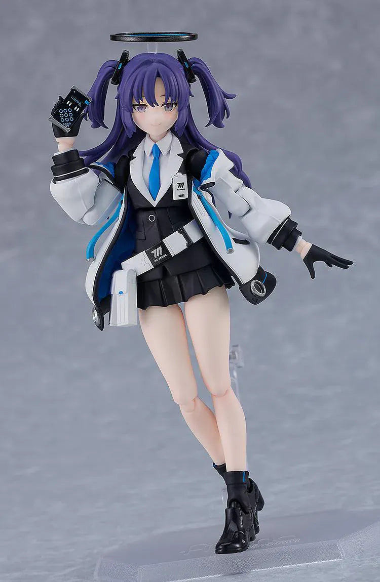 Blue Archive figma Yuuka Hayase Figure Rerelease featuring Yuuka with purple twin tails, academy-style outfit, halo detail, and tactical weapon accessories.