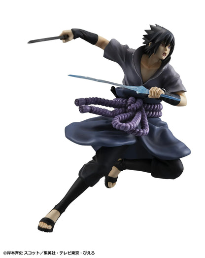 Naruto Shippuden G.E.M. Series Sasuke Uchiha Great Ninja War Ver. Reissue figure in battle pose with sword, purple rope belt, and effect detail