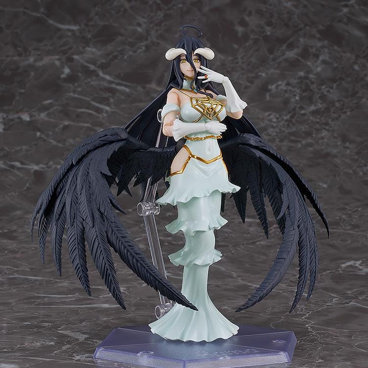 Overlord The Holy Kingdom figma Albedo Figure wearing her white and gold dress with large black feathered wings and signature horns