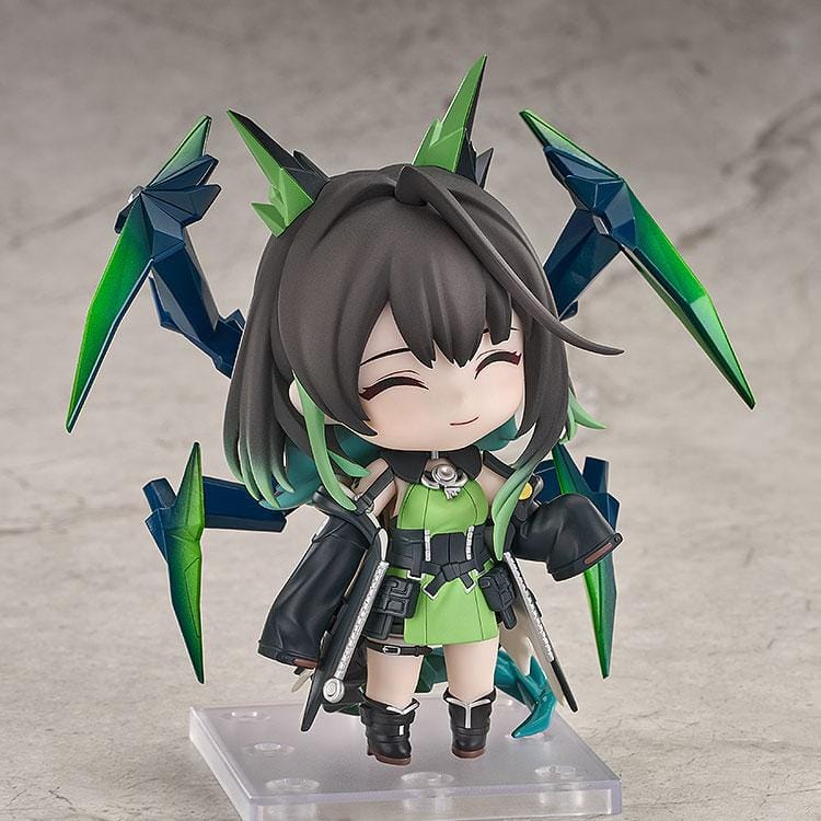 Arknights Nendoroid Mon3tr figure wearing a black-and-green tactical outfit with oversized gauntlets and crystalline appendages.