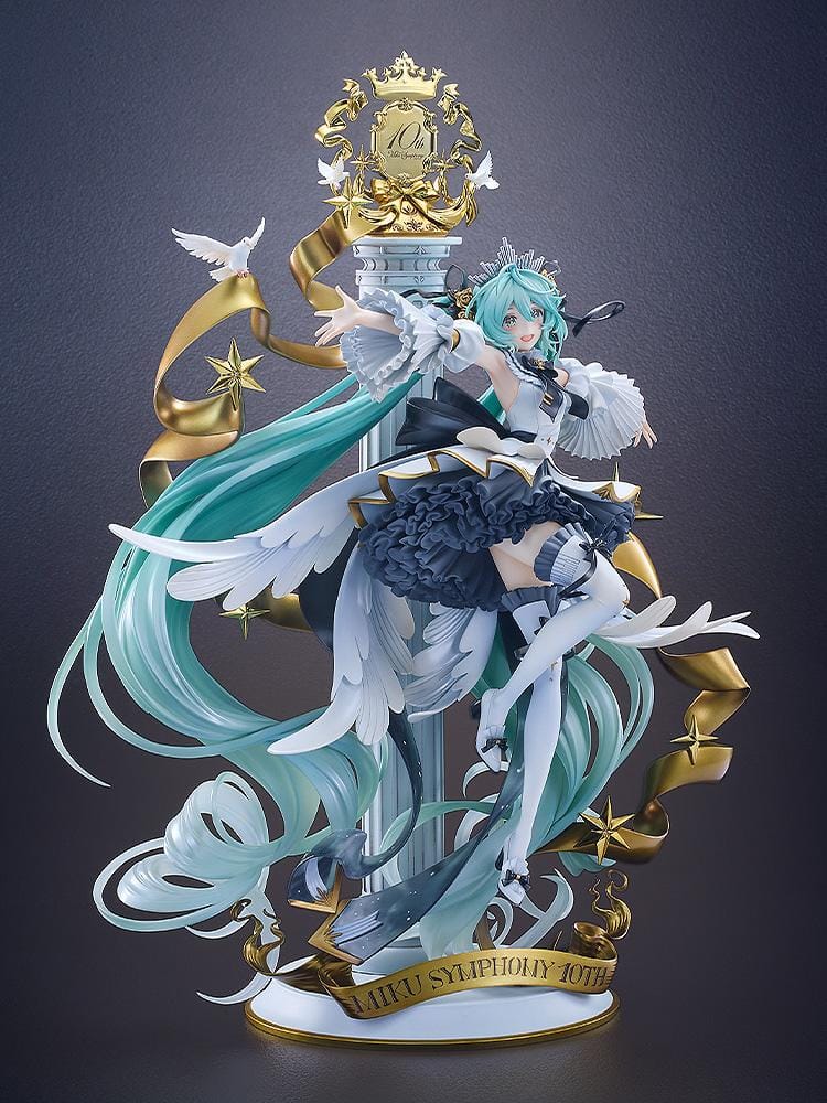 Hatsune Miku Symphony 10th Anniversary Ver. 1/7 scale figure with flowing turquoise hair, doves, gold ribbons, stars, and an ornate dress.