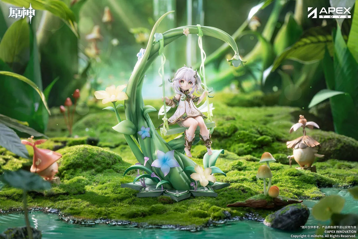 Genshin Impact Nahida Physic of Purity Ver. 1/7 scale figure seated on a green swing surrounded by vines, leaves, and colorful flowers.