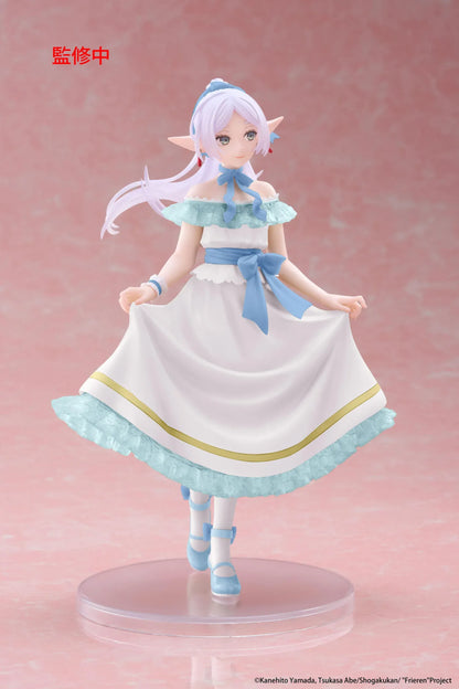 Frieren Beyond Journey's End Frieren Party Dress Ver. Coreful Figure (Rerelease) featuring a silver-white-haired elf with green eyes wearing an elegant white off-the-shoulder dress with light-blue ruffles, golden trim, blue ribbons, and matching heels while gracefully holding her skirt on a transparent circular base.