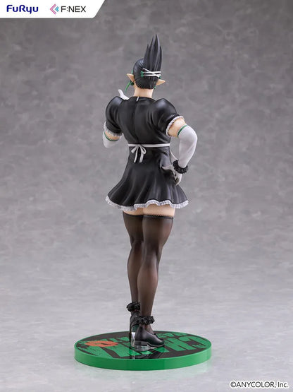 Hanabatake Chaika 1/7 Scale Figure by FuRyu F featuring a VTuber with tall black hair, green highlights, pointed ears, and a black and white maid outfit with white gloves, dark stockings, and black heels on a green circular display base.