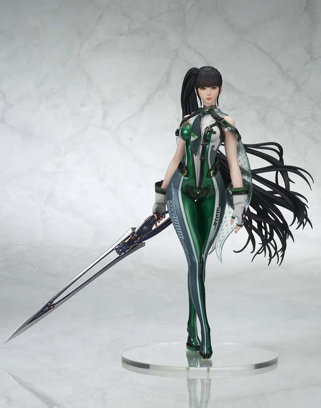 Stellar Blade Eve non-scale figure in a futuristic green and gray combat suit holding a long sword with flowing black hair