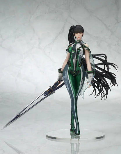 Stellar Blade Eve non-scale figure in a futuristic green and gray combat suit holding a long sword with flowing black hair