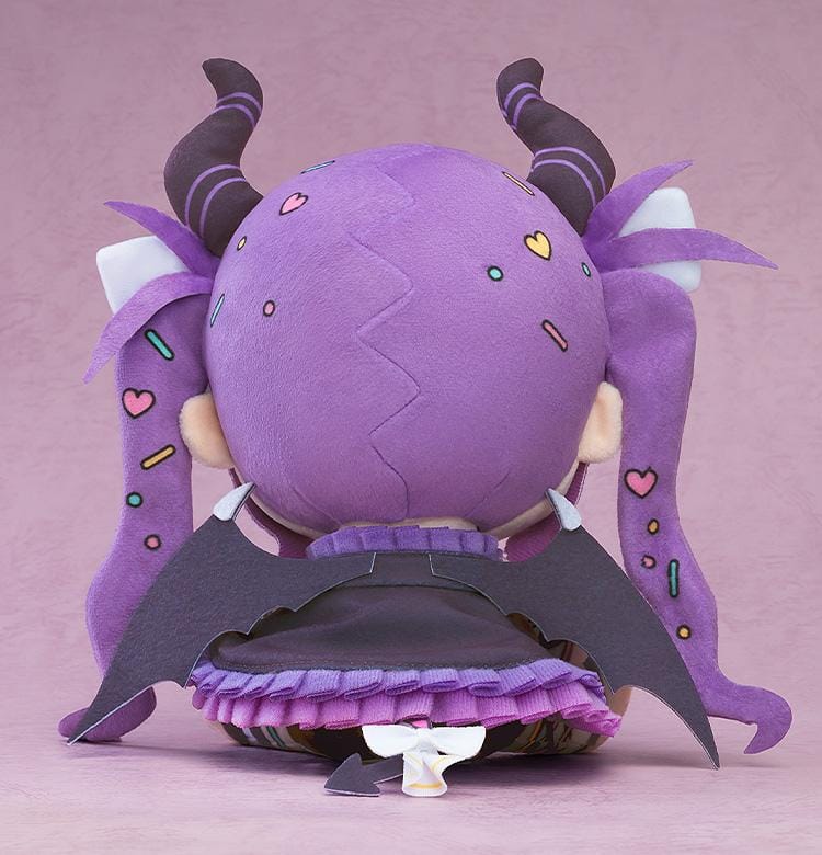 Yunyun Syndrome Rhythm Psychosis Plushie Yunyun featuring Yunyun in a soft chibi-style seated plush design with purple hair, curled horns, white bows, wings, and colorful heart accents.