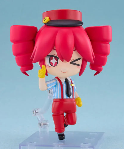 Kasane Teto Nendoroid Kasane Teto Mesmerizer Ver. Figure featuring Teto in a chibi-style design with red drill twin tails, striped shirt, black tie, yellow gloves, and red outfit details.