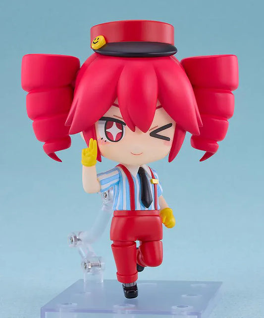 Kasane Teto Nendoroid Kasane Teto Mesmerizer Ver. Figure featuring Teto in a chibi-style design with red drill twin tails, striped shirt, black tie, yellow gloves, and red outfit details.