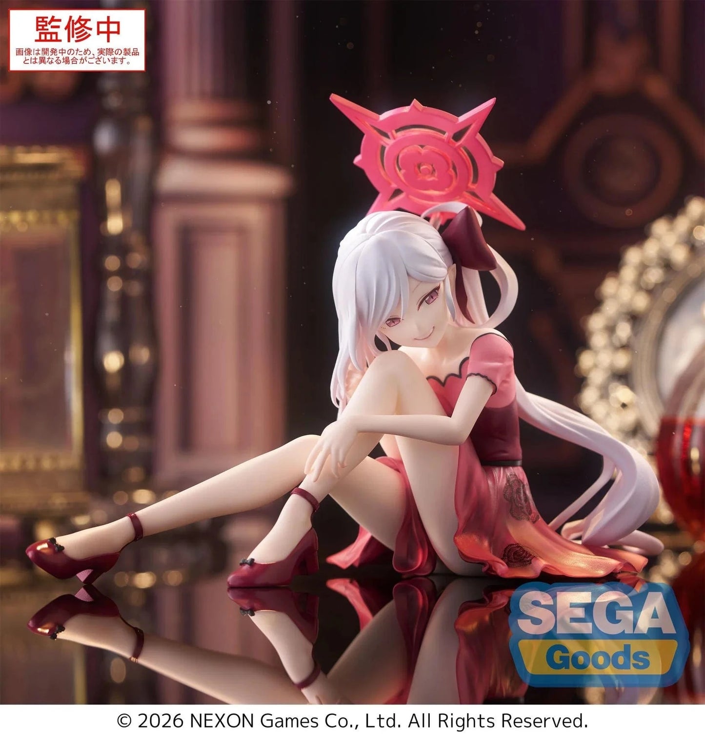 Blue Archive Yumemirize Mutsuki figure sitting in red dress with silver hair and playful expression