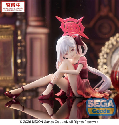 Blue Archive Yumemirize Mutsuki figure sitting in red dress with silver hair and playful expression