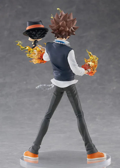 REBORN! POP UP PARADE SP Tsunayoshi Sawada and Reborn Figure featuring Tsuna with flame effects, chain accents, battle-ready pose, and Reborn beside him.