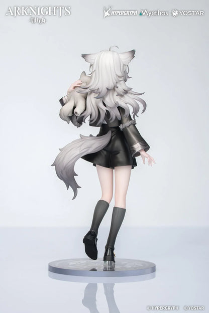 Arknights Rhodes Kids Series Lappland figure wearing a black-and-white uniform and holding a small wolf companion.