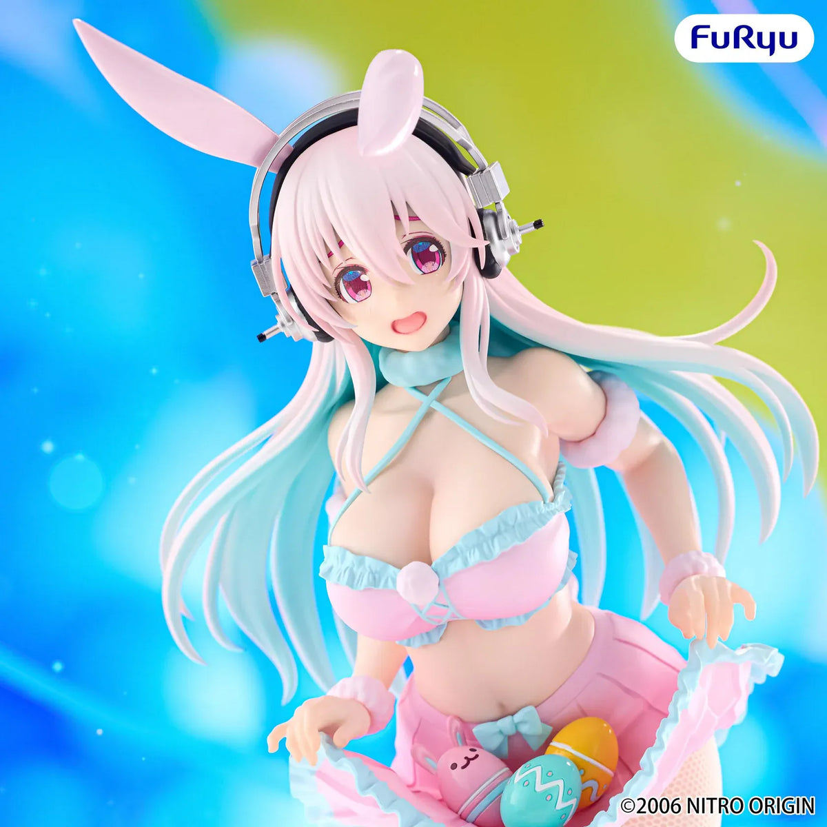Super Sonico Pastel Easter Ver. BiCute Bunnies figure with pink bunny ears, silver headphones, an aqua-trimmed pink outfit, and colorful eggs.