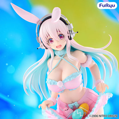 Super Sonico Pastel Easter Ver. BiCute Bunnies figure with pink bunny ears, silver headphones, an aqua-trimmed pink outfit, and colorful eggs.