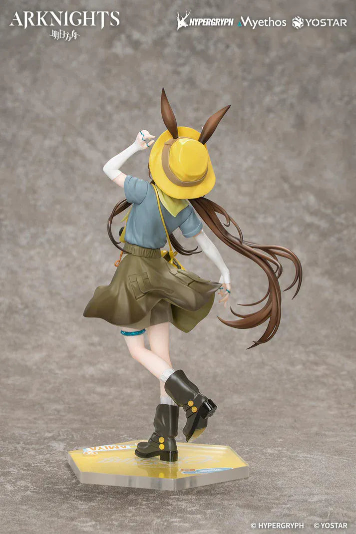 Arknights Gift+ Amiya Wildlight Wander Ver. 1/8 Scale Figure featuring Amiya with rabbit ears, hooded outfit, camera accessory, yellow bag, and themed display base.